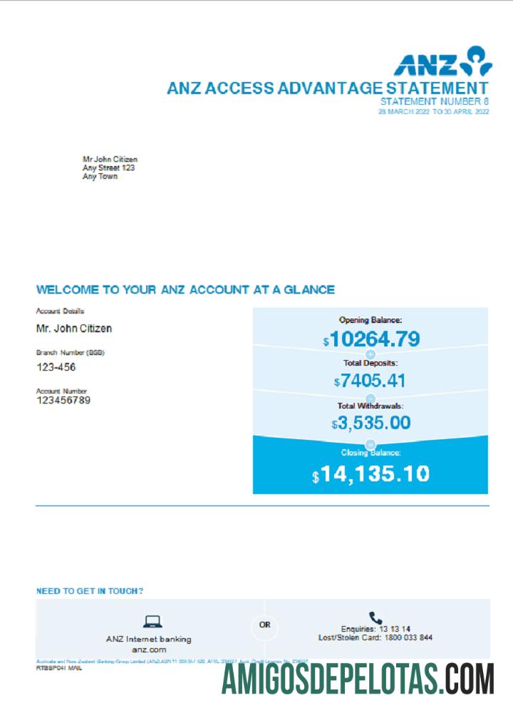 Extrato bancário ANZ da Austrália em branco, modelo Word e PDF